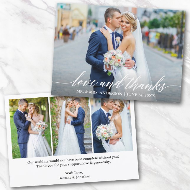 Modern Calligraphy Wedding Love And Thanks 4 Photo Thank You Card (Customize to change your personalized text size or text style.)