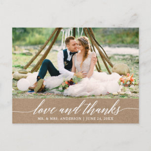 Modern Calligraphy Wedding Love and Thanks Kraft Postcard