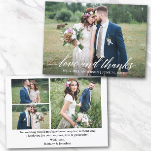 Modern Calligraphy Wedding Love Thanks 4 Photos Thank You Card