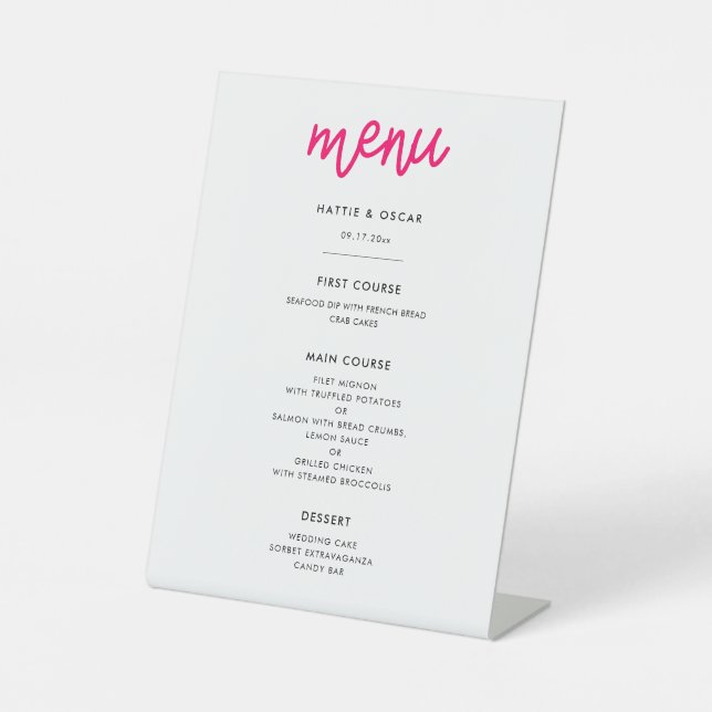 Modern calligraphy wedding menu pedestal sign (Front)