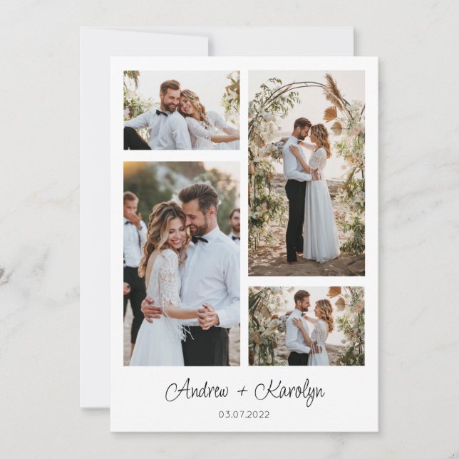 Modern calligraphy wedding photo collage thank you card (Front)