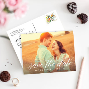 Modern Calligraphy Wedding Photo Save the Date Announcement Postcard