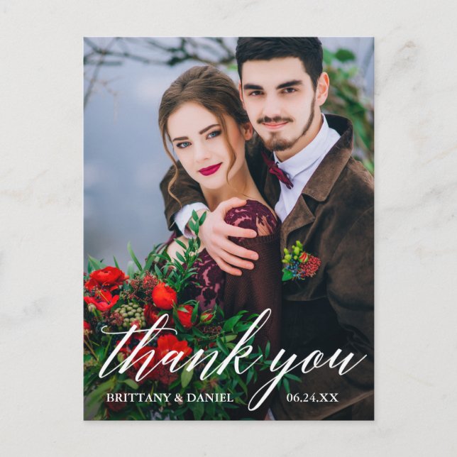 Modern Calligraphy Wedding Photo Thank You Wht Postcard (Front)