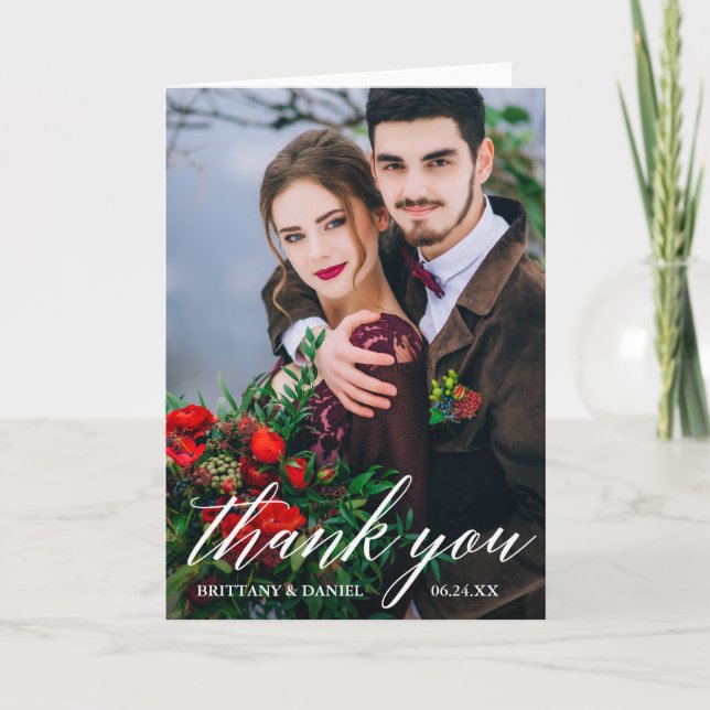 Modern Calligraphy Wedding Photo W Fold Thank You Card (Front)