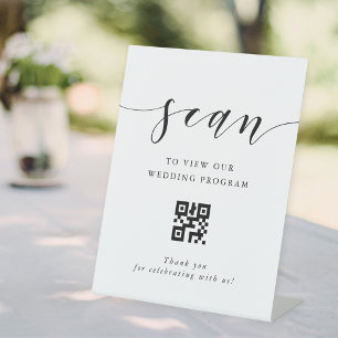 Modern Calligraphy Wedding Program QR code Pedestal Sign
