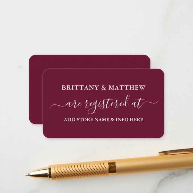 Modern Calligraphy Wedding Registry Burgundy Enclosure Card (Front/Back In Situ)