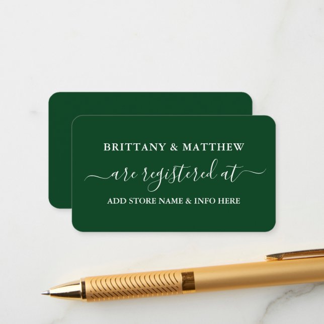 Modern Calligraphy Wedding Registry Green Enclosure Card (Front/Back In Situ)