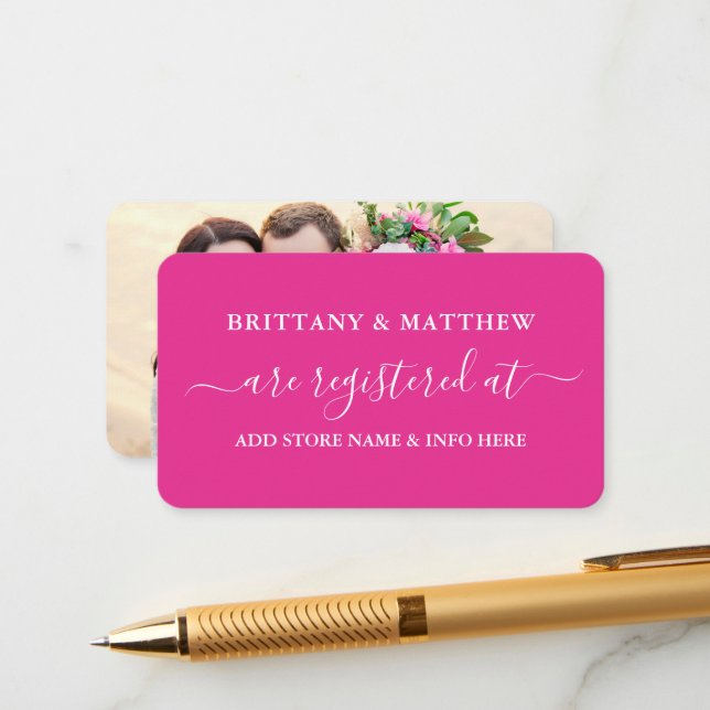 Modern Calligraphy Wedding Registry Photo Hot Pink Enclosure Card (Front/Back In Situ)