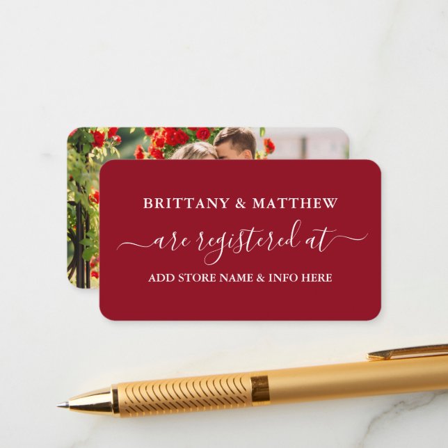 Modern Calligraphy Wedding Registry Photo Red Enclosure Card (Front/Back In Situ)