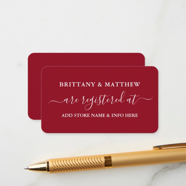 Modern Calligraphy Wedding Registry Red Enclosure Card (Front/Back In Situ)