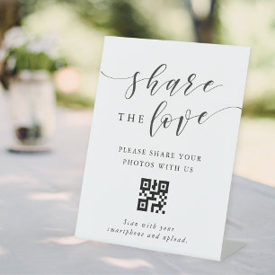 Modern Calligraphy Wedding Share the Love QR code Pedestal Sign