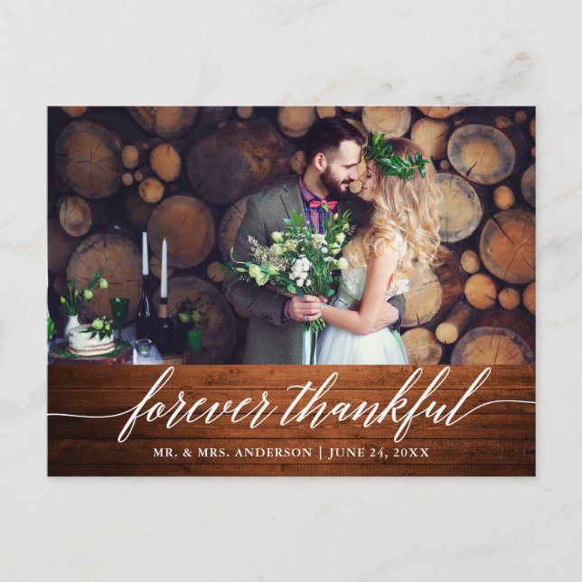 Modern Calligraphy Wedding Wood Forever Thankful Postcard (Front)