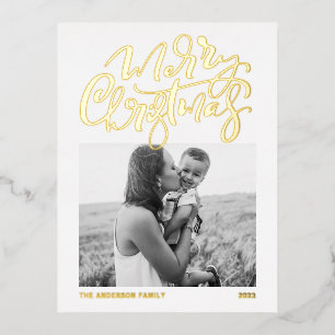 Modern Calligraphy White Merry Christmas Photo Foil Holiday Postcard