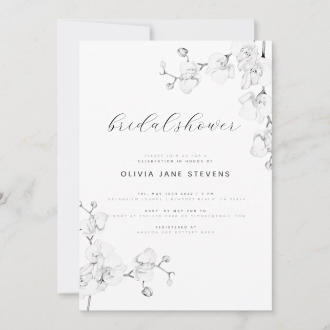 Modern Calligraphy White Orchids Bridal Shower Invitation (Front)