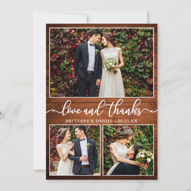 Modern Calligraphy Wood 3 Photo Wedding Collage Thank You Card (Front)