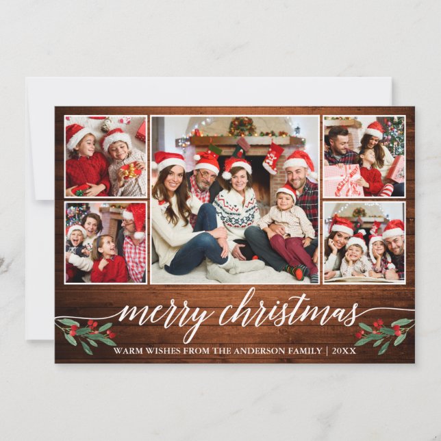 Modern Calligraphy Wood 5 Photo Family Christmas Holiday Card (Front)