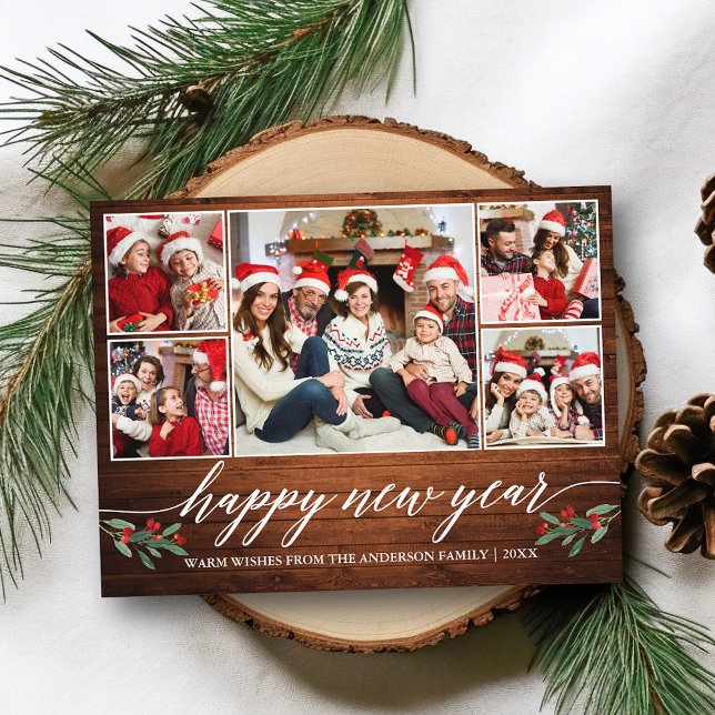 Modern Calligraphy Wood 5 Photo Happy New Year Postcard (Customize to change your personalized text size or text style.)