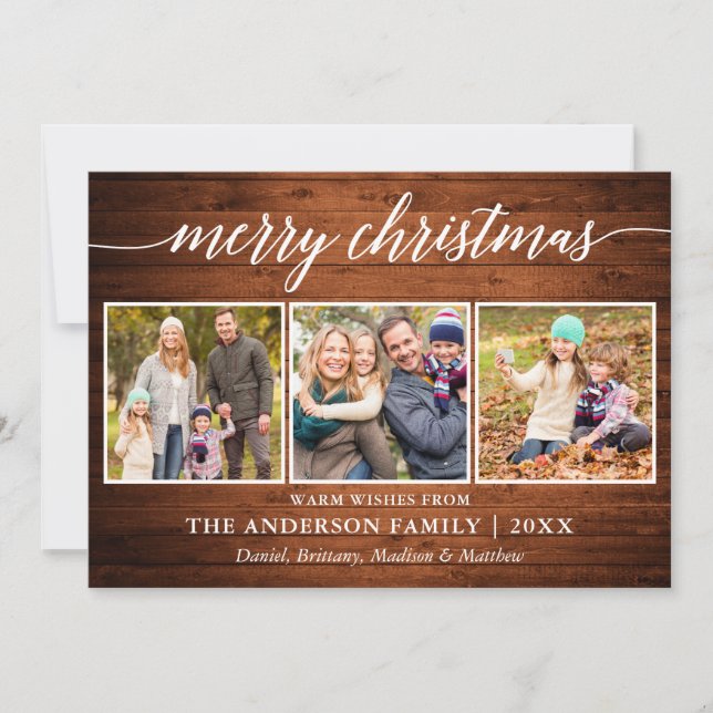 Modern Calligraphy Wood Merry Christmas 3 Photo Holiday Card (Front)