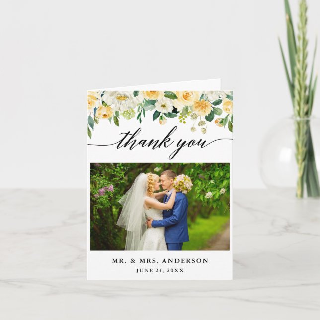 Modern Calligraphy Yellow Floral Wedding Note Thank You Card (Front)