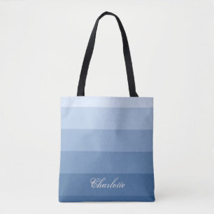 Modern Calm Gradient Blue Stripes Custom Name Tote Bag