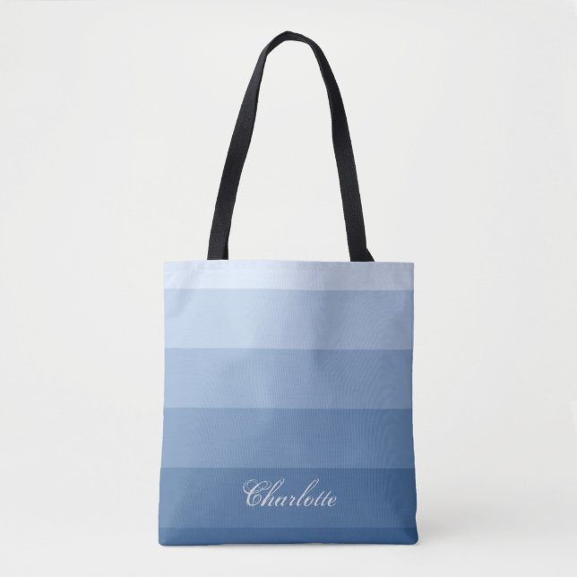 Modern Calm Gradient Blue Stripes Custom Name Tote Bag (Front)