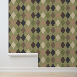 Modern Camouflage Green and Brown Diamond Pattern Wallpaper