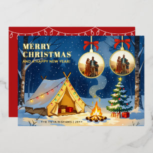 Modern Camping Christmas Ornament Photo Foil Holiday Card