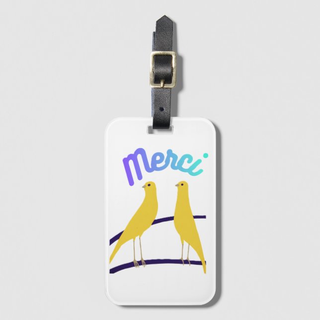 Modern Canary & "Merci" - Japandi Style Art Luggage Tag (Front Vertical)