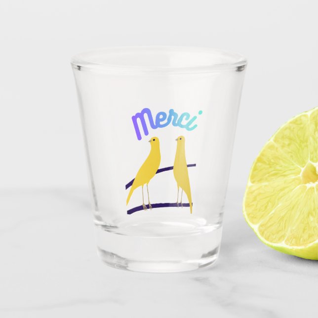 Modern Canary & "Merci" - Japandi Style Art Shot Glass (Front)