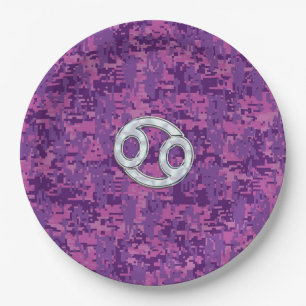 Modern Cancer Zodiac Sign Pink Digital Camouflage Paper Plate