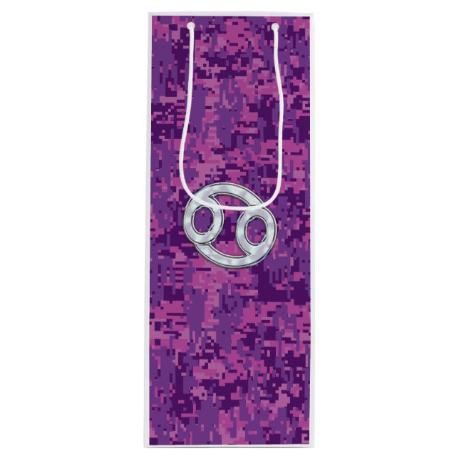 Modern Cancer Zodiac Sign Pink Digital Camouflage Wine Gift Bag (Front)
