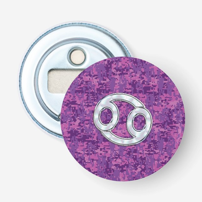 Modern Cancer Zodiac Symbol on Pink Digital Camo Bottle Opener (Front)