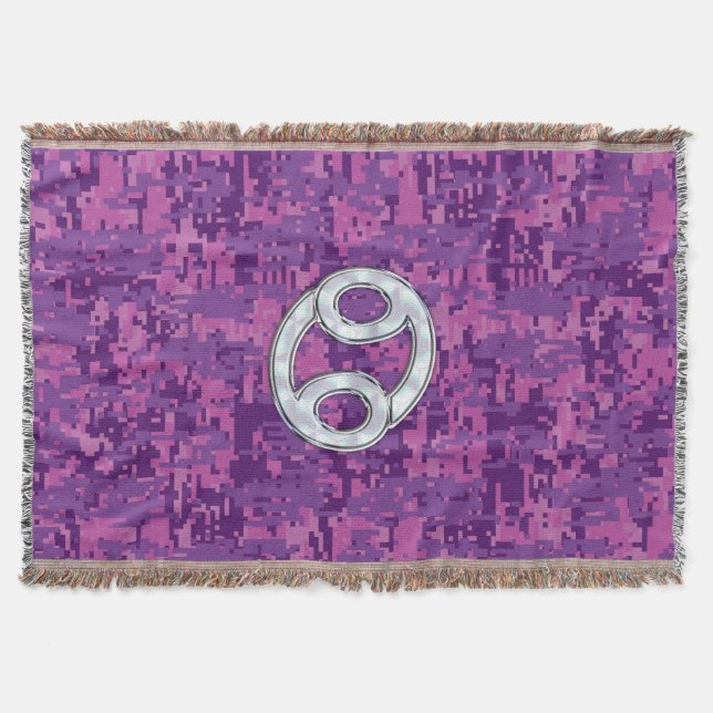 Modern Cancer Zodiac Symbol on Pink Digital Camo Throw Blanket (Front)