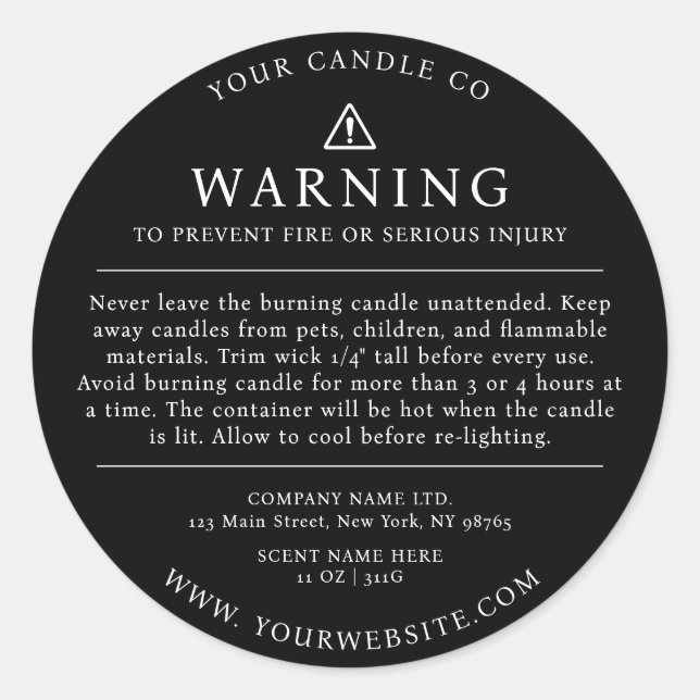 Modern Candle Packaging Warning Label Black White (Front)