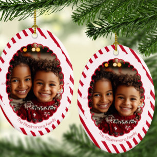 Modern Candy Cane Stripe Christmas 2 Sided Photo Ceramic Tree Decoration
