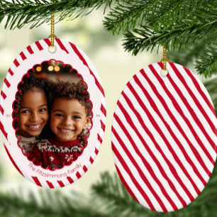 Modern Candy Cane Stripe Christmas Photo  Ceramic Tree Decoration