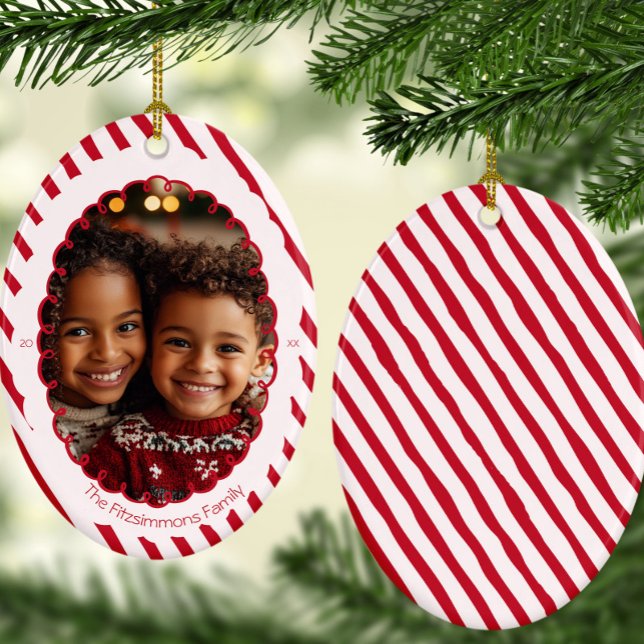 Modern Candy Cane Stripe Christmas Photo  Ceramic Tree Decoration (Retro Candy Cane Whimsical Striped Christmas 1 photo ornament)