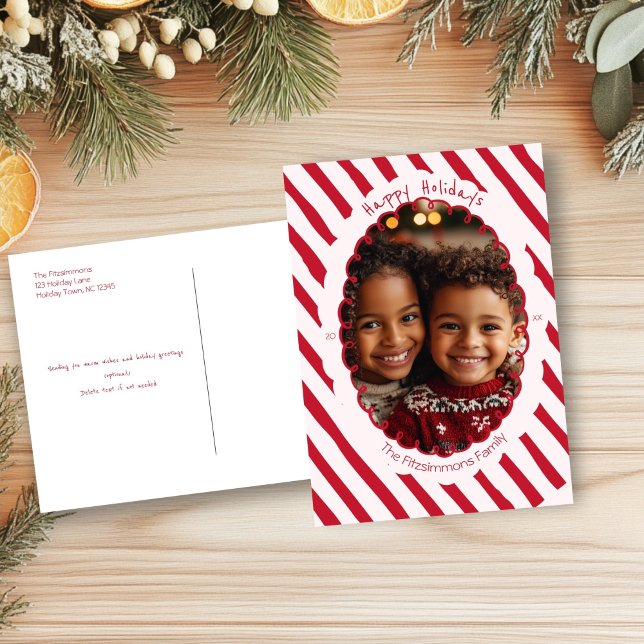 Modern Candy Cane Stripe Christmas Photo Postcard (Retro Candy Cane Whimsical Striped Christmas photo postcard )