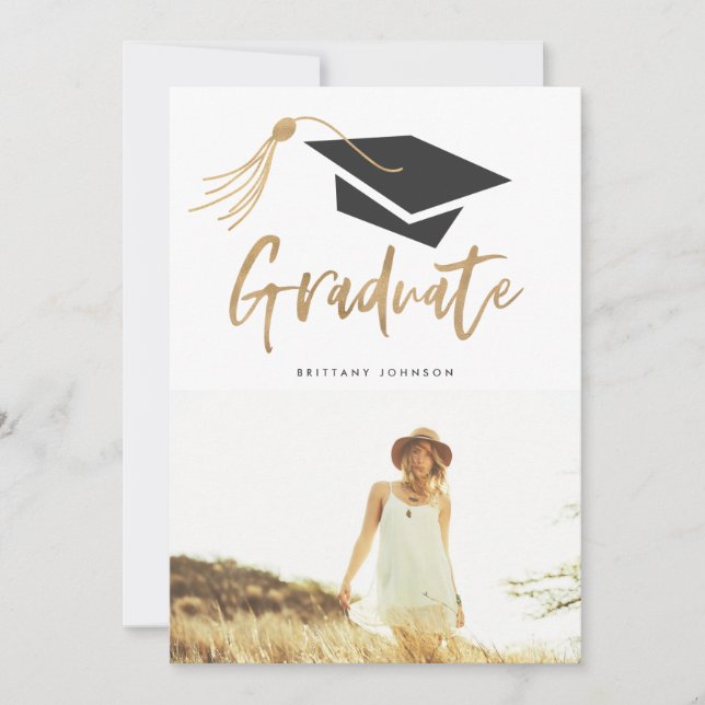 Modern Cap and Tassel Gold Foil 3 Photo Graduate Announcement (Front)