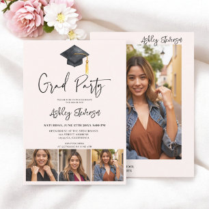 Modern Cap Pink Simple 4 Photo Graduation Party Invitation
