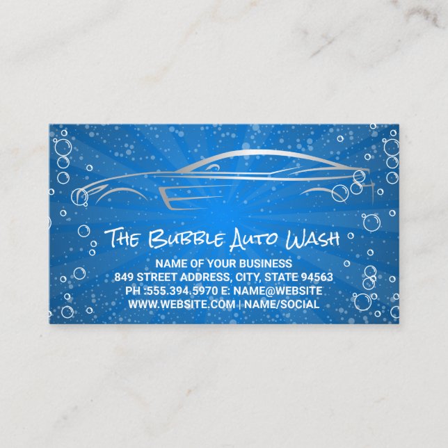 Modern Car Logo | Blue Light Bubbles | Auto Wash Business Card (Front)
