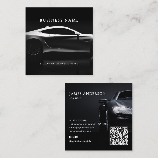 Modern Car/Vehicle/Auto QR Code & Social Media Square Business Card (Front/Back)