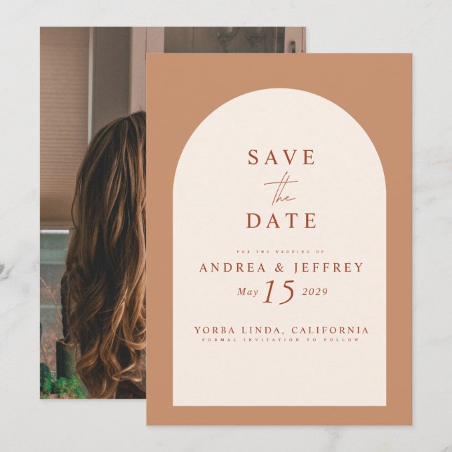 Modern Caramel Arch Photo Wedding Save The Date (Front/Back)