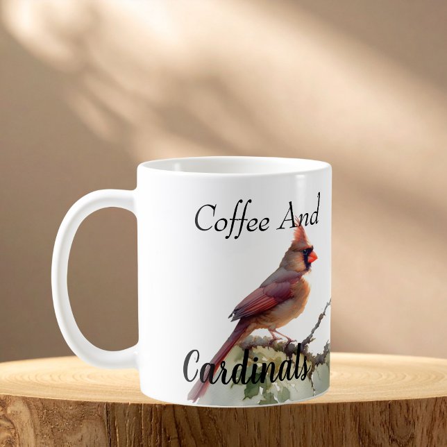 Modern Cardinal Couple Red Personalise Coffee Mug (Morning coffee and bird watching, Customize the wording)