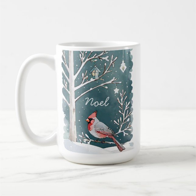 Modern Cardinal Winter Landscape Christmas Name Coffee Mug (Left)