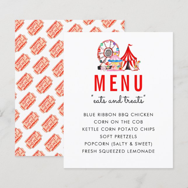 Modern Carnival Circus Show Birthday Party Menu (Front/Back)