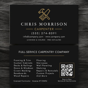 Modern Carpenter Black Gold QR Code Business Card