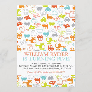 Modern Cars, Planes & Helicopters Birthday Invite
