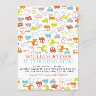 Modern Cars, Planes & Helicopters Birthday Invite