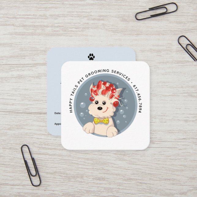 Modern Cartoon Dog Grooming Square Business Card (Front/Back In Situ)